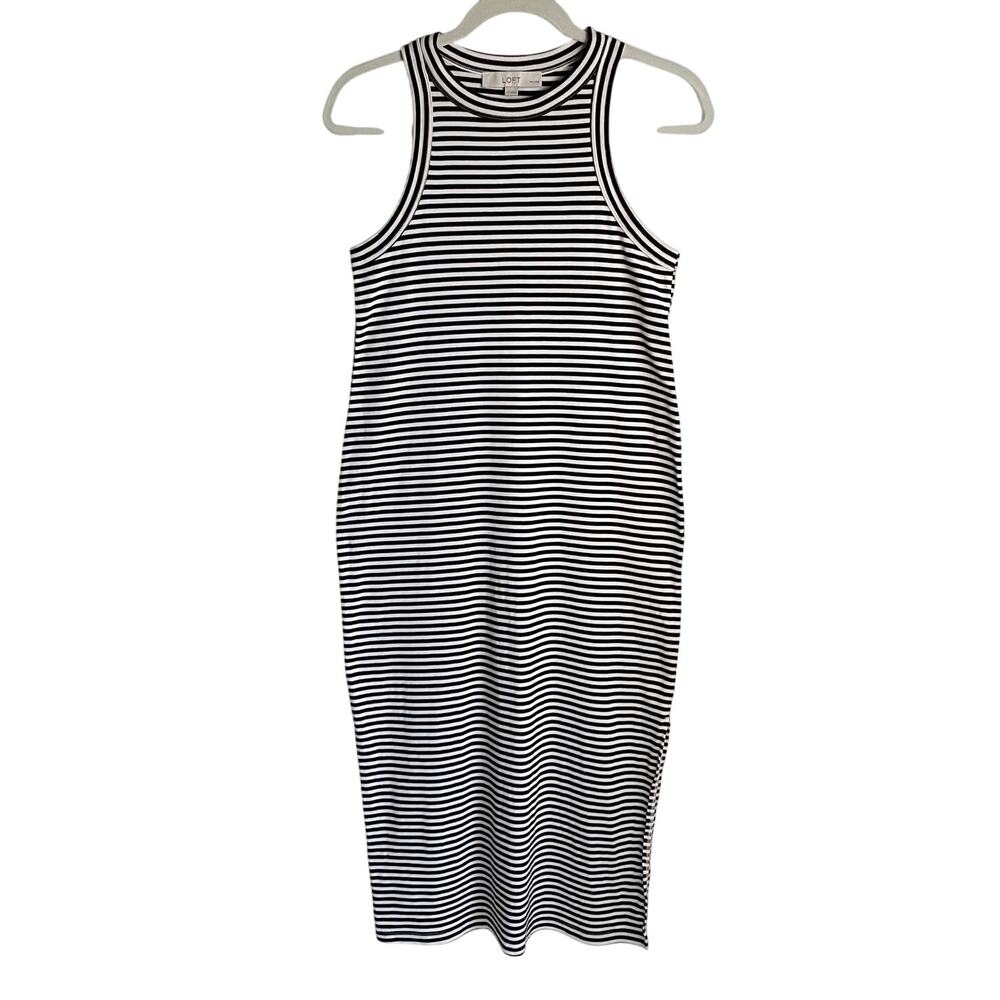 Loft Striped Perfect Ribbed Tank Midi Dress Sz LP Brown White Coastal Casual